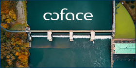 Coface increases its support to the financing & implementation of ESG projects through Single Risk solutions. Image of a bird's eye view of a dam with Coface's logo superposed onto it.